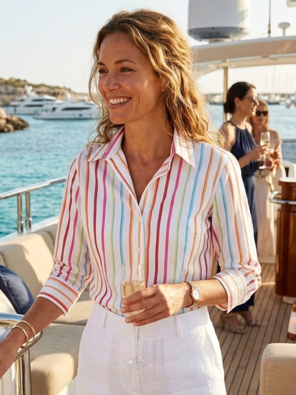 Eddie Bauer Womens 3/4 Sleeve Shirt Large Rainbow Striped 100% Cotton